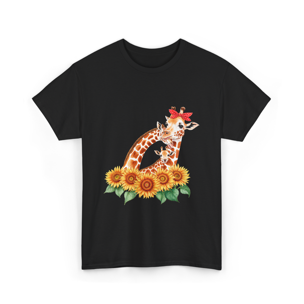 Giraffes and Sunflowers Wildlife T-Shirt - Black