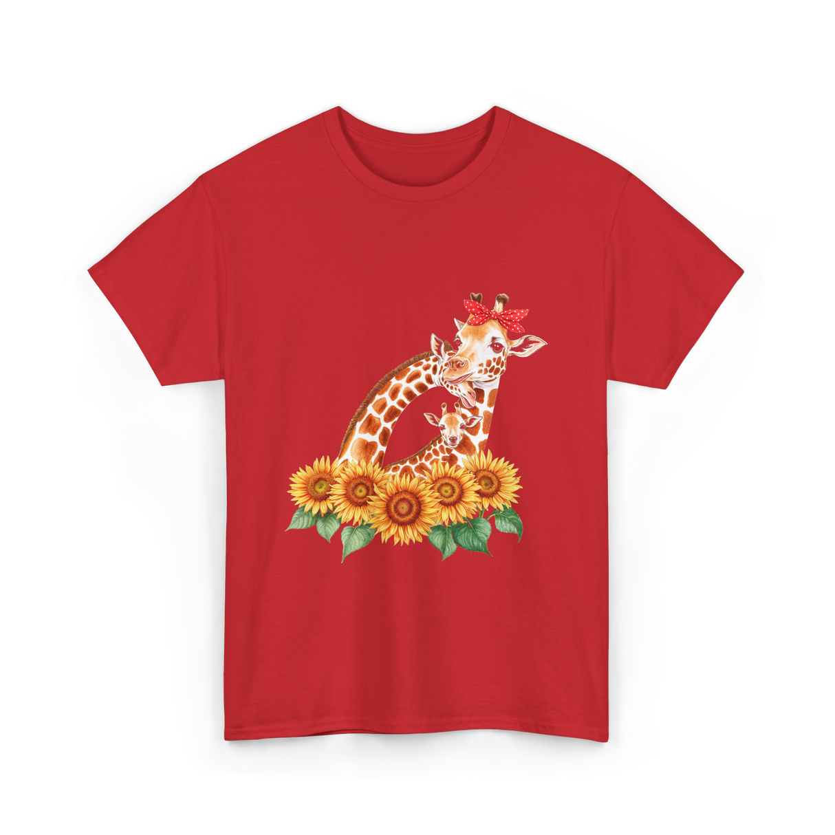 Giraffes and Sunflowers Wildlife T-Shirt - Red