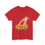 Giraffes and Sunflowers Wildlife T-Shirt - Red