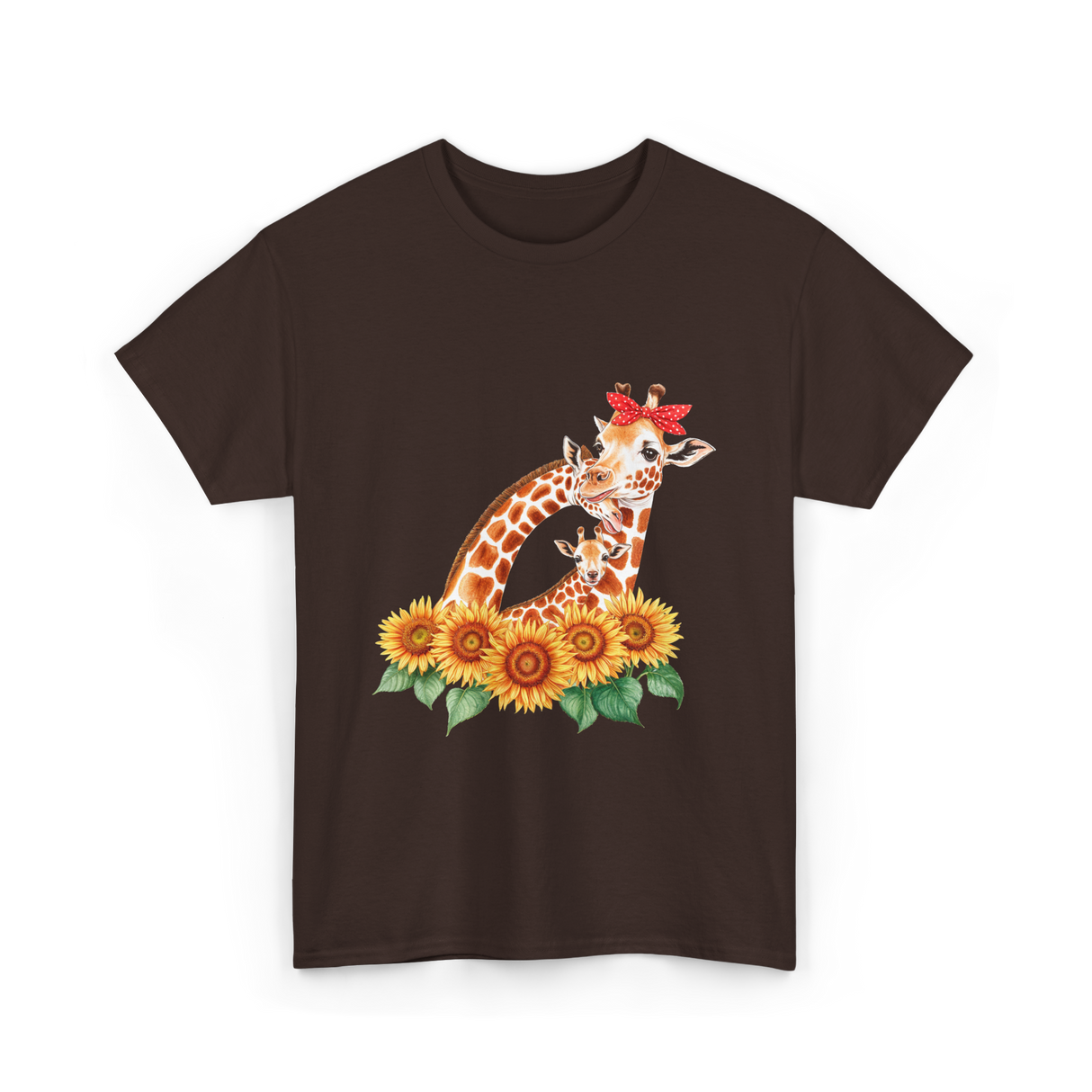 Giraffes and Sunflowers Wildlife T-Shirt - Dark Chocolate