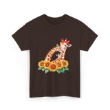 Giraffes and Sunflowers Wildlife T-Shirt - Dark Chocolate