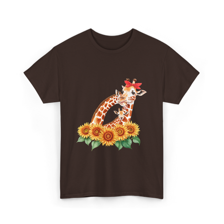 Giraffes and Sunflowers Wildlife T-Shirt - Dark Chocolate