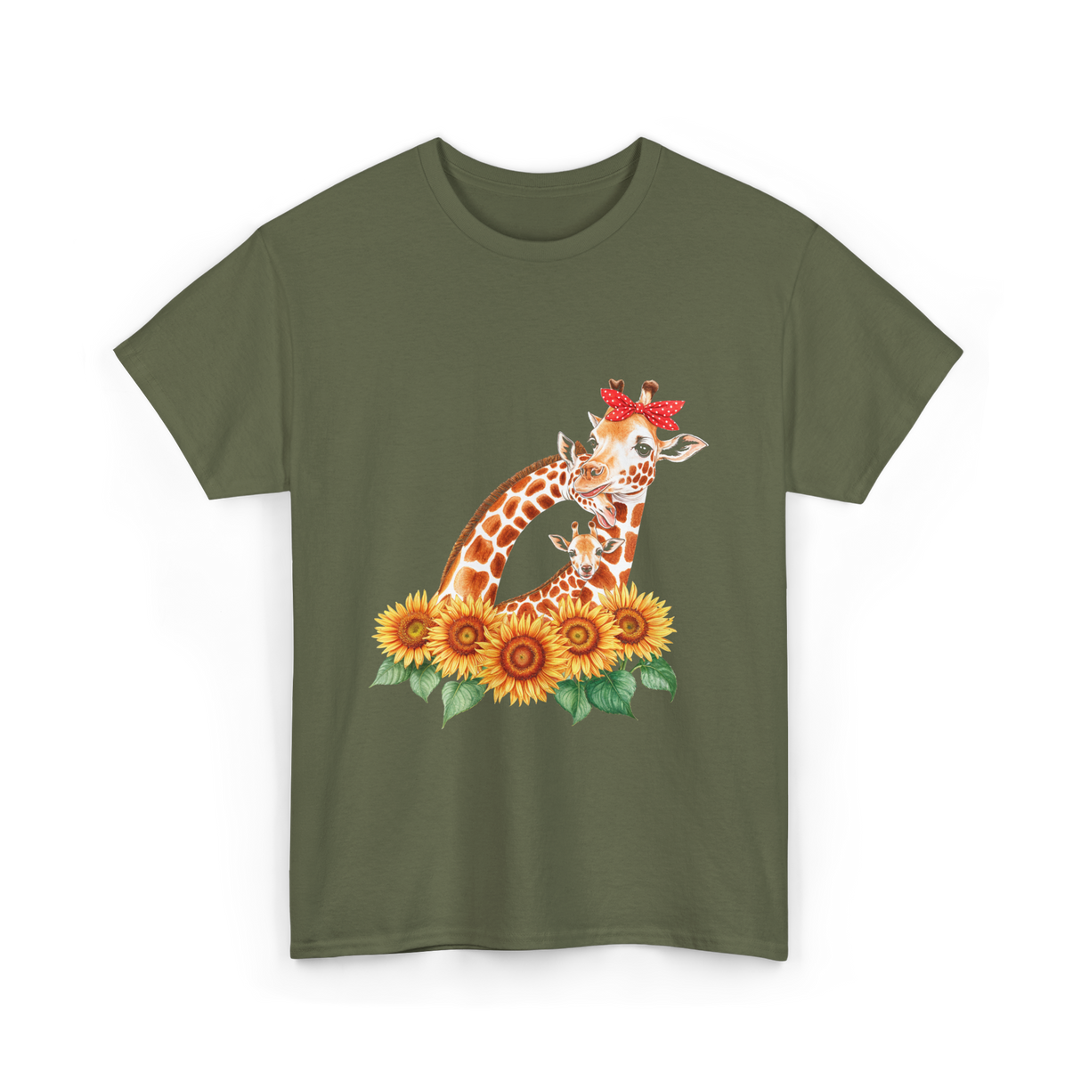 Giraffes and Sunflowers Wildlife T-Shirt - Military Green