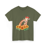 Giraffes and Sunflowers Wildlife T-Shirt - Military Green