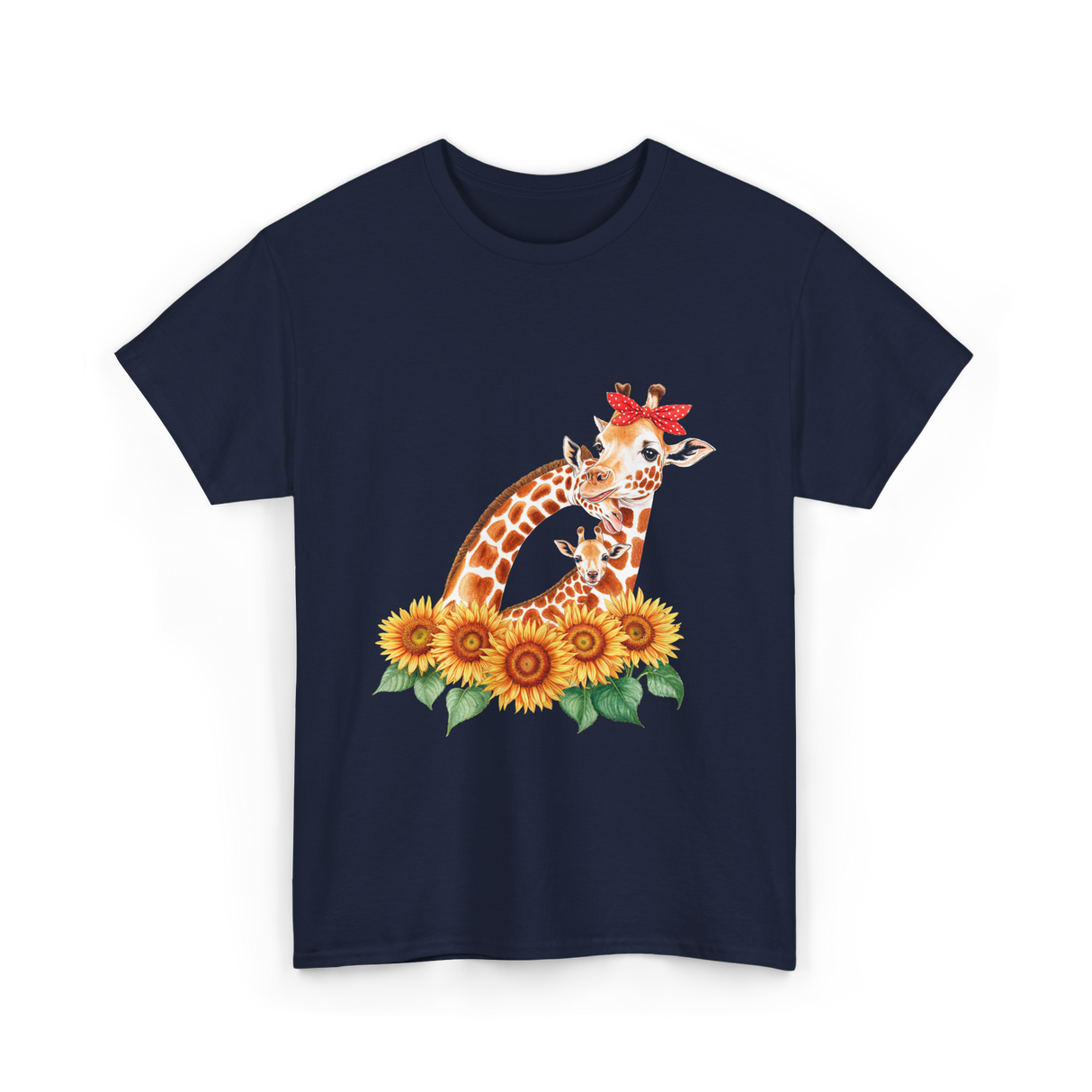 Giraffes and Sunflowers Wildlife T-Shirt - Navy