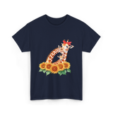 Giraffes and Sunflowers Wildlife T-Shirt - Navy