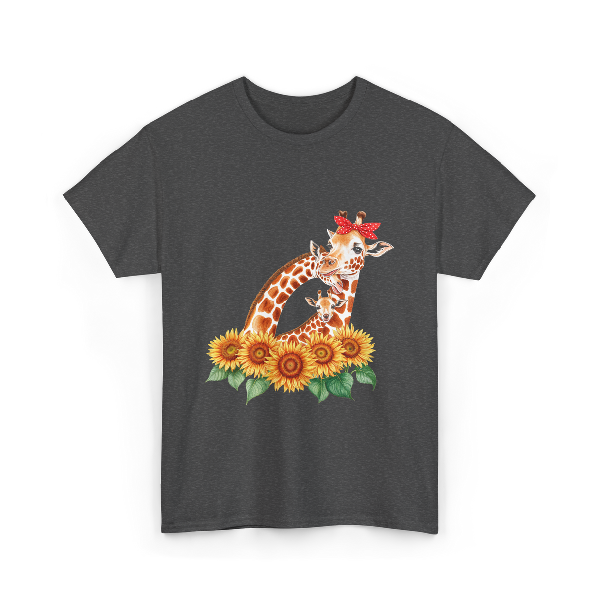 Giraffes and Sunflowers Wildlife T-Shirt - Dark Heather