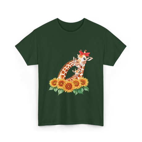 Giraffes and Sunflowers Wildlife T-Shirt - Forest Green