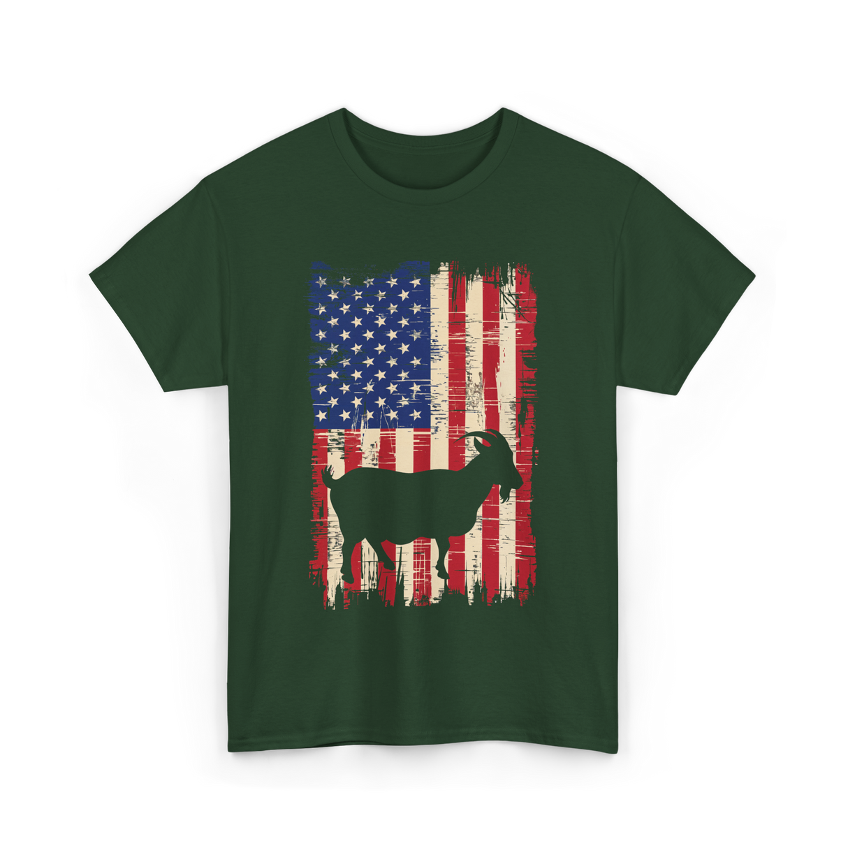 Goat American Flag USA T-Shirt - Forest Green