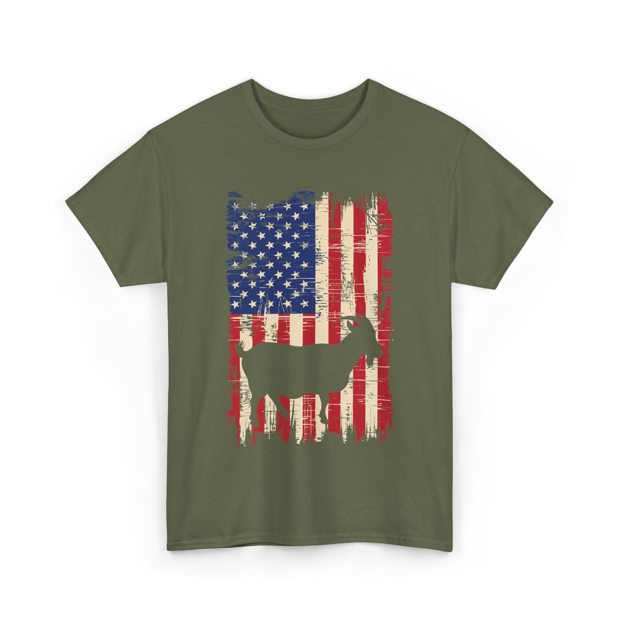 Goat American Flag USA T-Shirt - Military Green