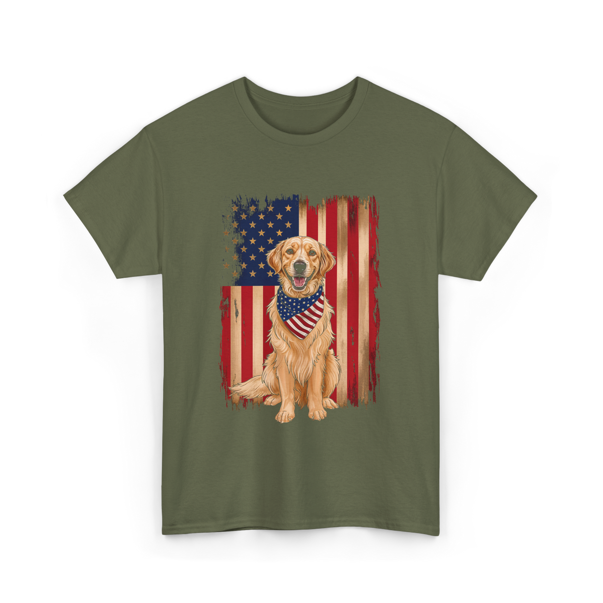 Golden Retriever American Flag Dog T-Shirt - Military Green