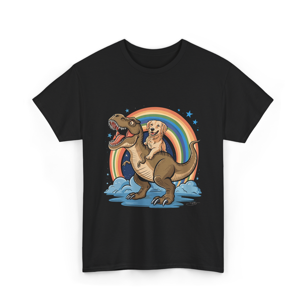 Golden Retriever Riding Dinosaur Pets T-Shirt - Black