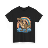 Golden Retriever Riding Dinosaur Pets T-Shirt - Black