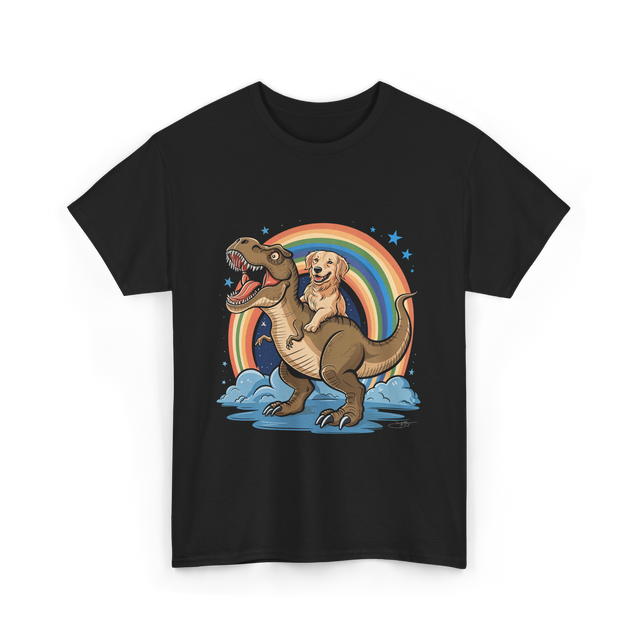 Golden Retriever Riding Dinosaur Pets T-Shirt - Black