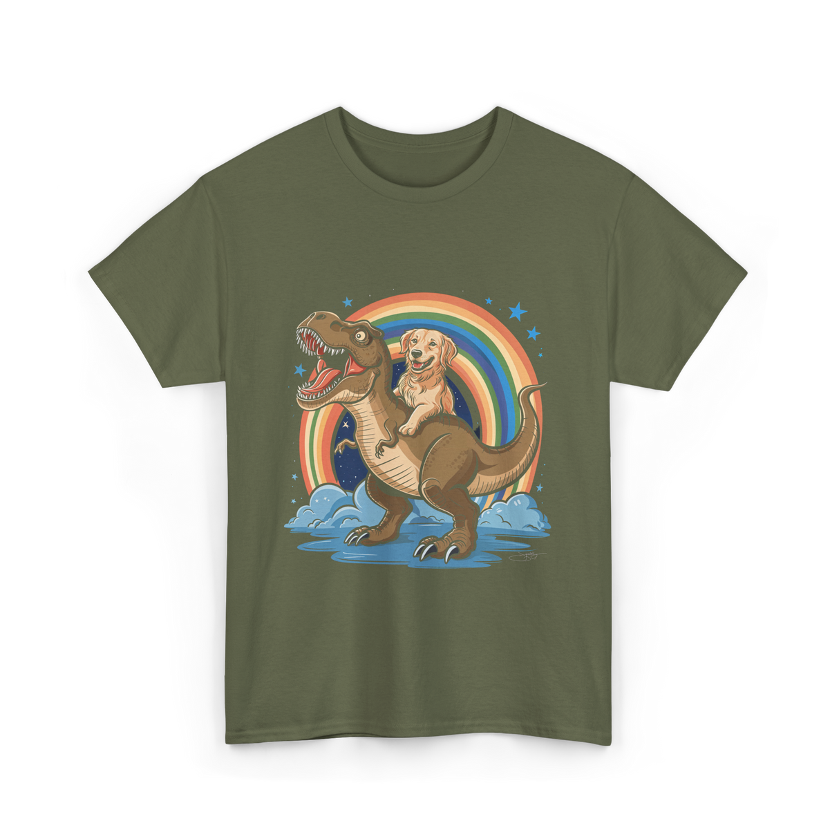 Golden Retriever Riding Dinosaur Pets T-Shirt - Military Green