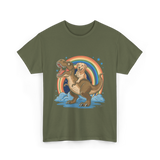 Golden Retriever Riding Dinosaur Pets T-Shirt - Military Green