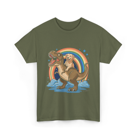 Golden Retriever Riding Dinosaur Pets T-Shirt - Military Green