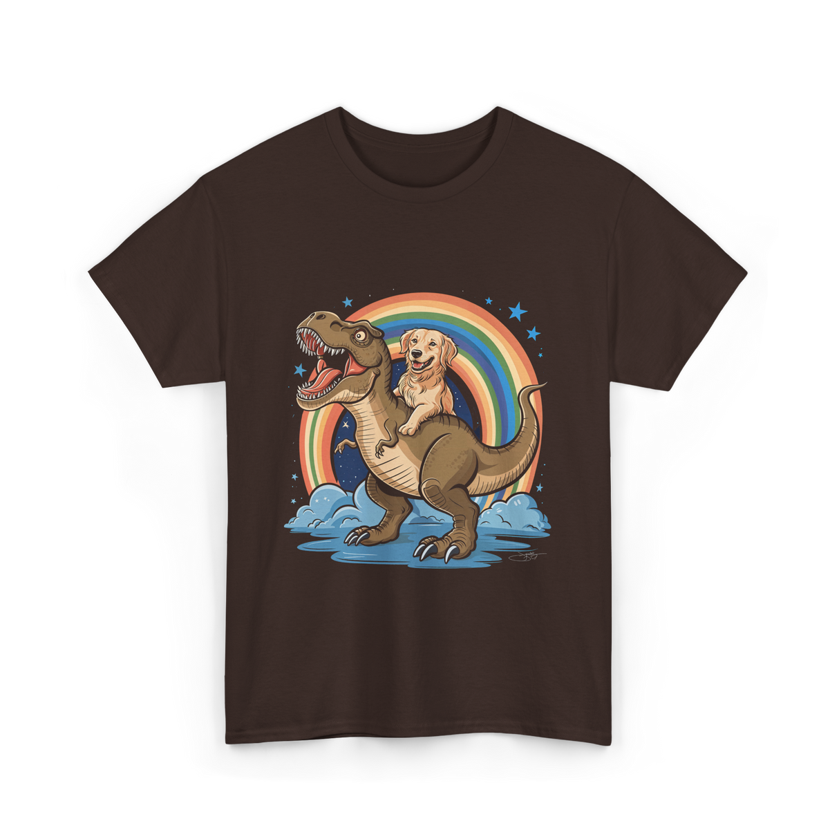 Golden Retriever Riding Dinosaur Pets T-Shirt - Dark Chocolate