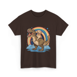 Golden Retriever Riding Dinosaur Pets T-Shirt - Dark Chocolate