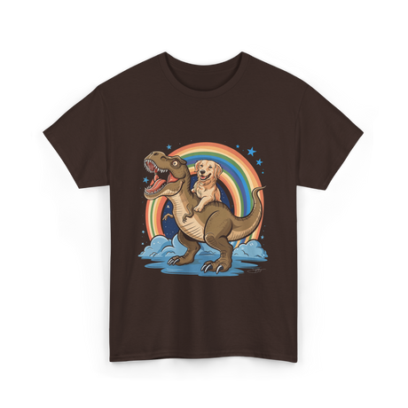 Golden Retriever Riding Dinosaur Pets T-Shirt - Dark Chocolate