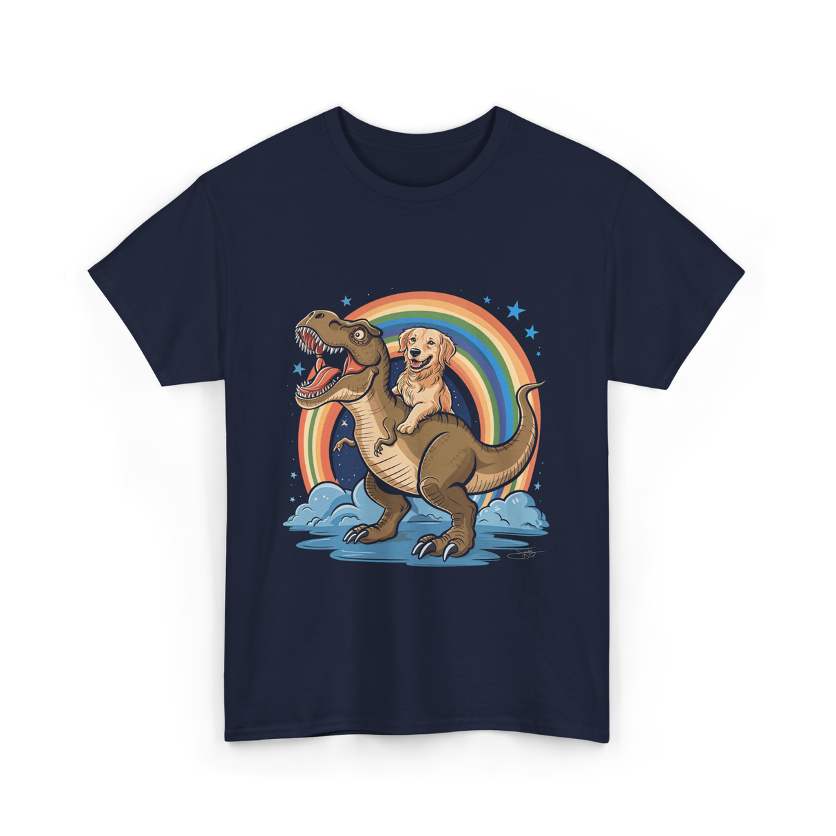 Golden Retriever Riding Dinosaur Pets T-Shirt - Navy