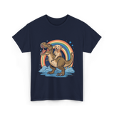 Golden Retriever Riding Dinosaur Pets T-Shirt - Navy