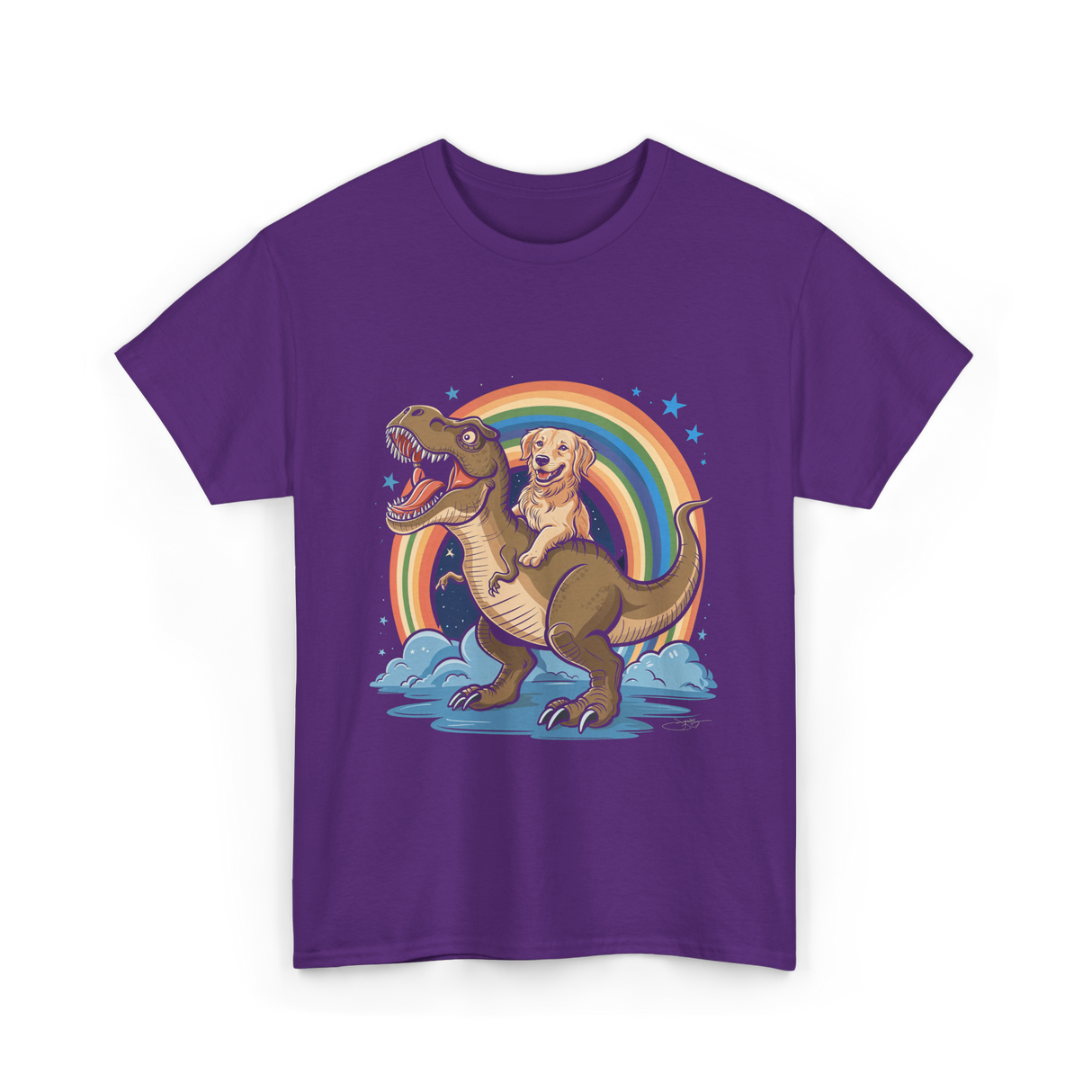 Golden Retriever Riding Dinosaur Pets T-Shirt - Purple