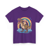 Golden Retriever Riding Dinosaur Pets T-Shirt - Purple