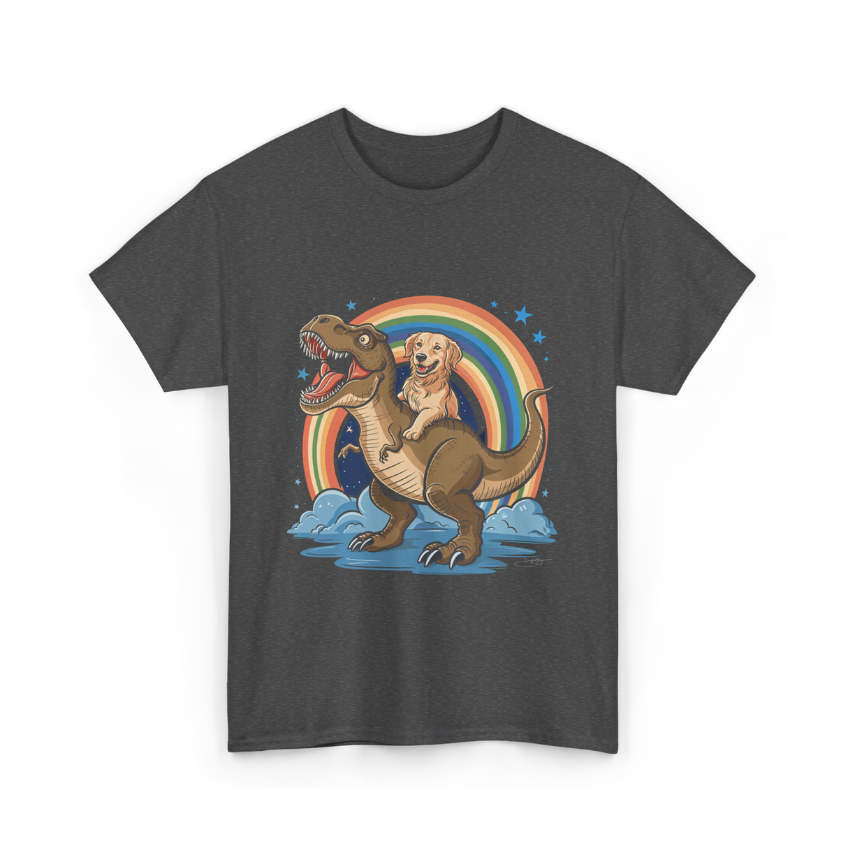 Golden Retriever Riding Dinosaur Pets T-Shirt - Dark Heather