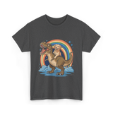 Golden Retriever Riding Dinosaur Pets T-Shirt - Dark Heather