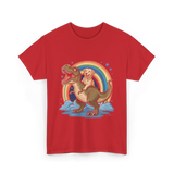 Golden Retriever Riding Dinosaur Pets T-Shirt - Red