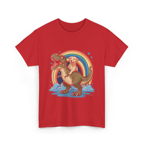 Golden Retriever Riding Dinosaur Pets T-Shirt - Red