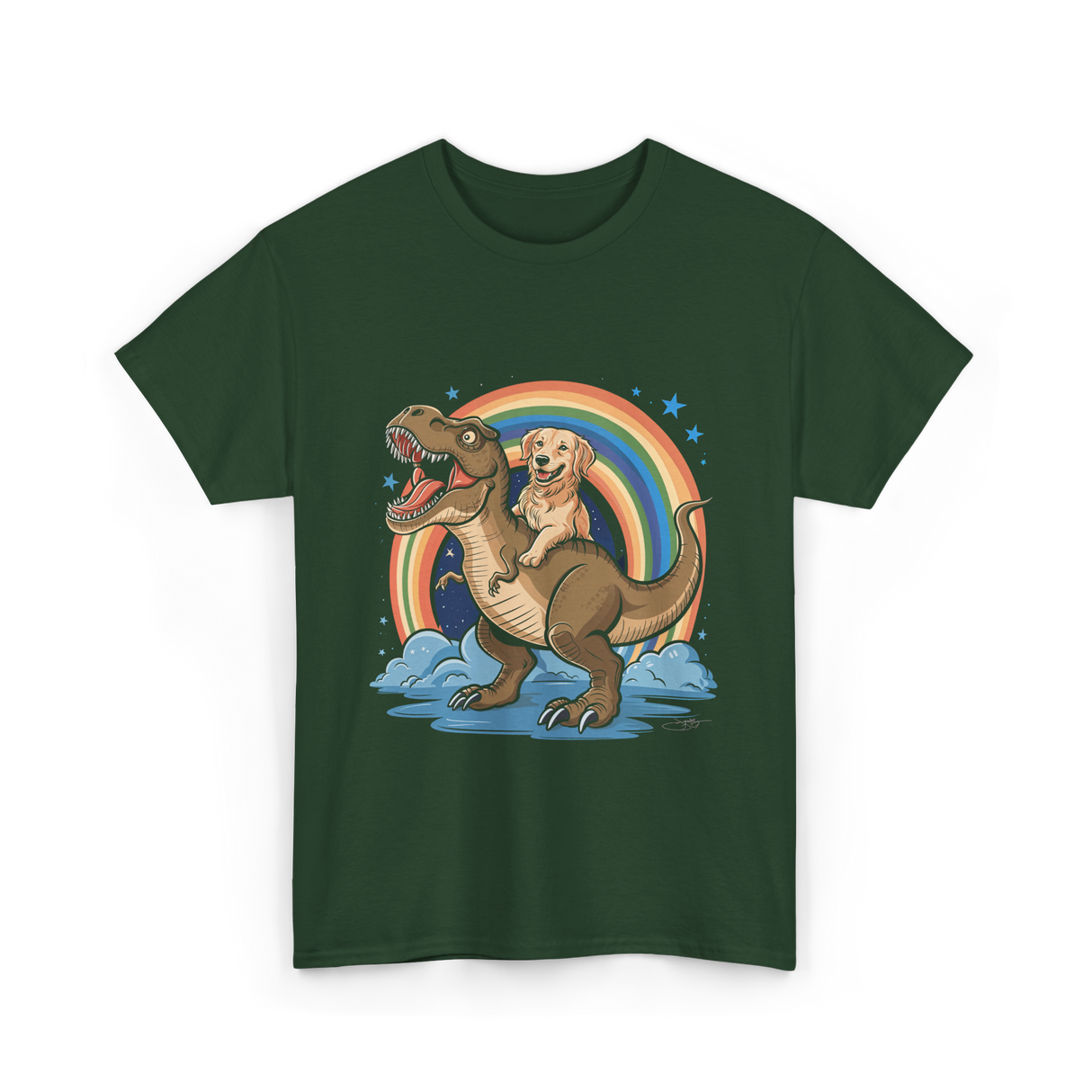 Golden Retriever Riding Dinosaur Pets T-Shirt - Forest Green