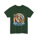 Golden Retriever Riding Dinosaur Pets T-Shirt - Forest Green