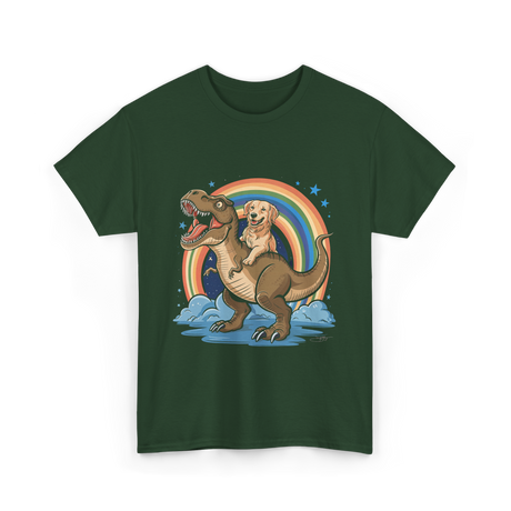 Golden Retriever Riding Dinosaur Pets T-Shirt - Forest Green