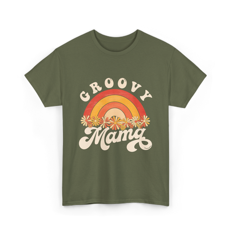 Groovy Mama Rainbow Flowers Mom T-Shirt - Military Green