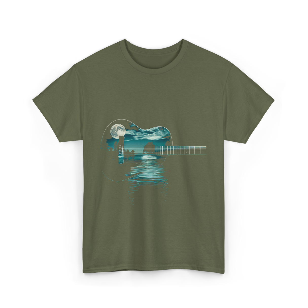 Guitar Lake Reflections Musician T-Shirt - Military Green