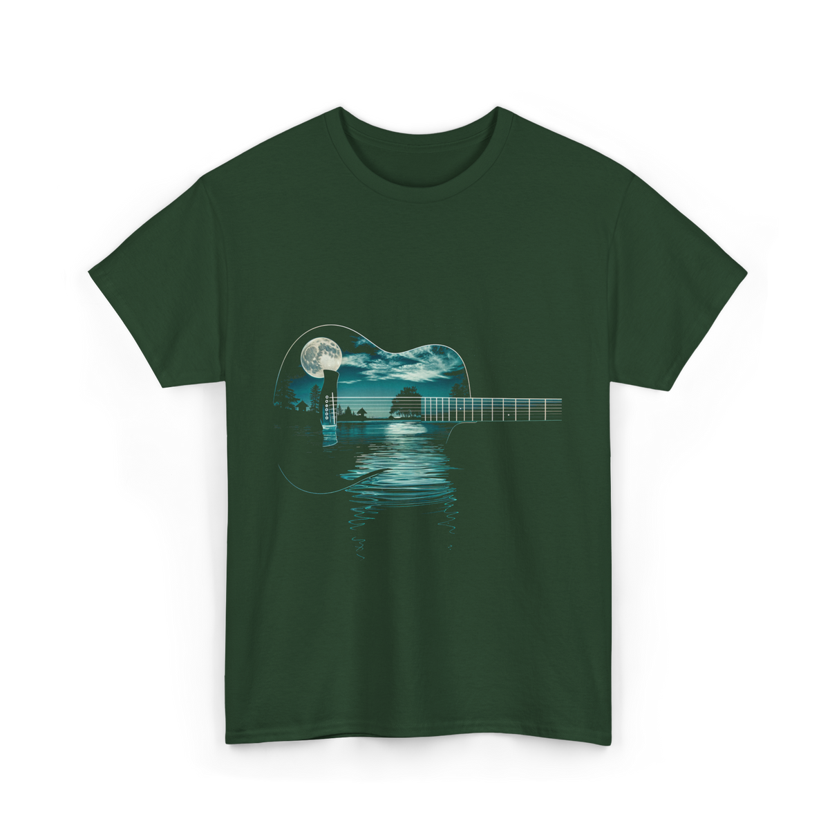 Guitar Lake Reflections Musician T-Shirt - Forest Green