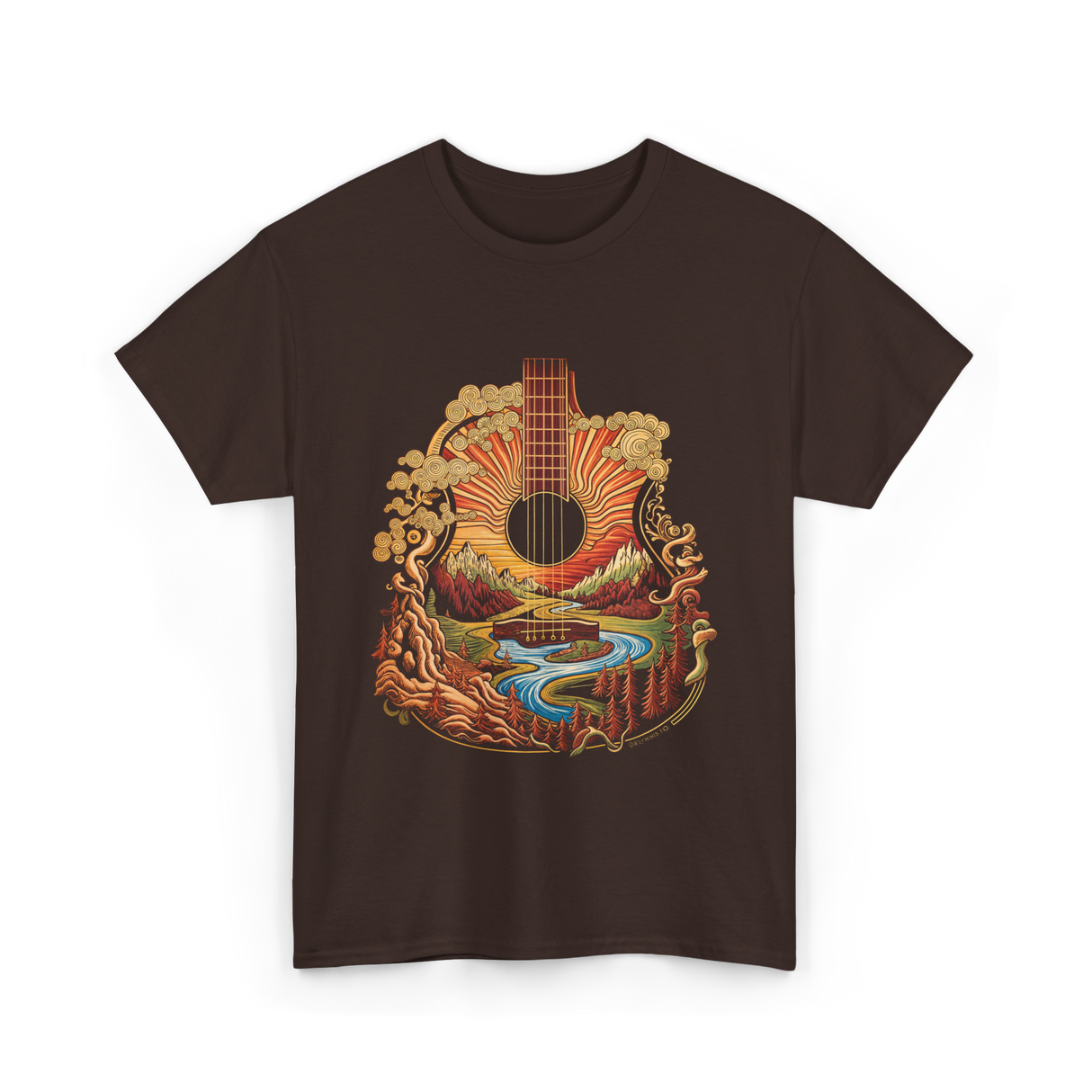 Guitar Landscape Acoustic Guitar Music T-Shirt - Dark Chocolate