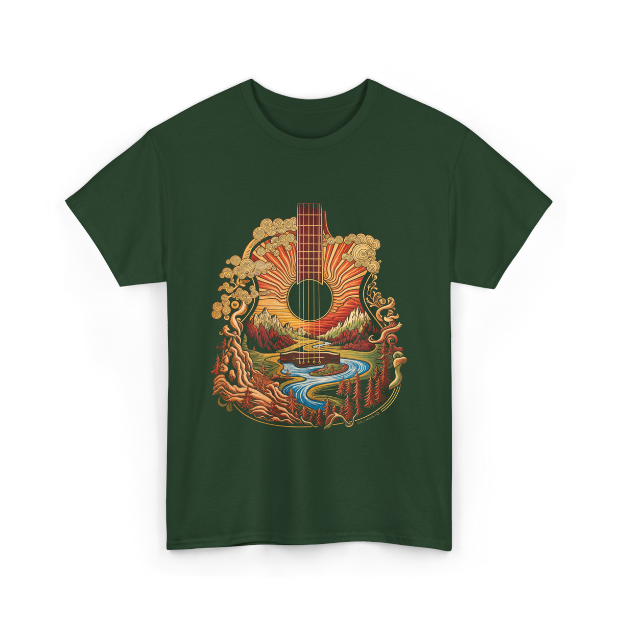 Guitar Landscape Acoustic Guitar Music T-Shirt - Forest Green