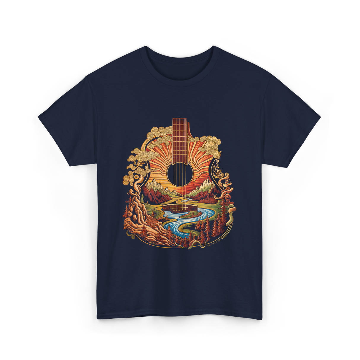 Guitar Landscape Acoustic Guitar Music T-Shirt - Navy