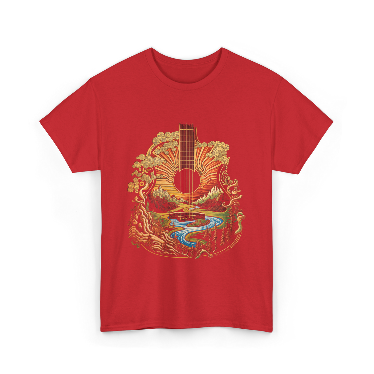 Guitar Landscape Acoustic Guitar Music T-Shirt - Red