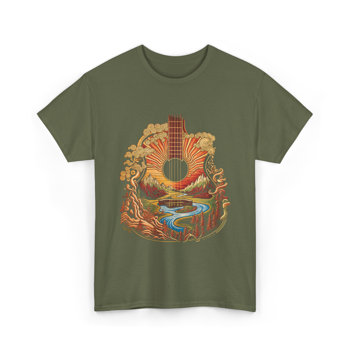 Guitar Landscape Acoustic Guitar Music T-Shirt - Military Green