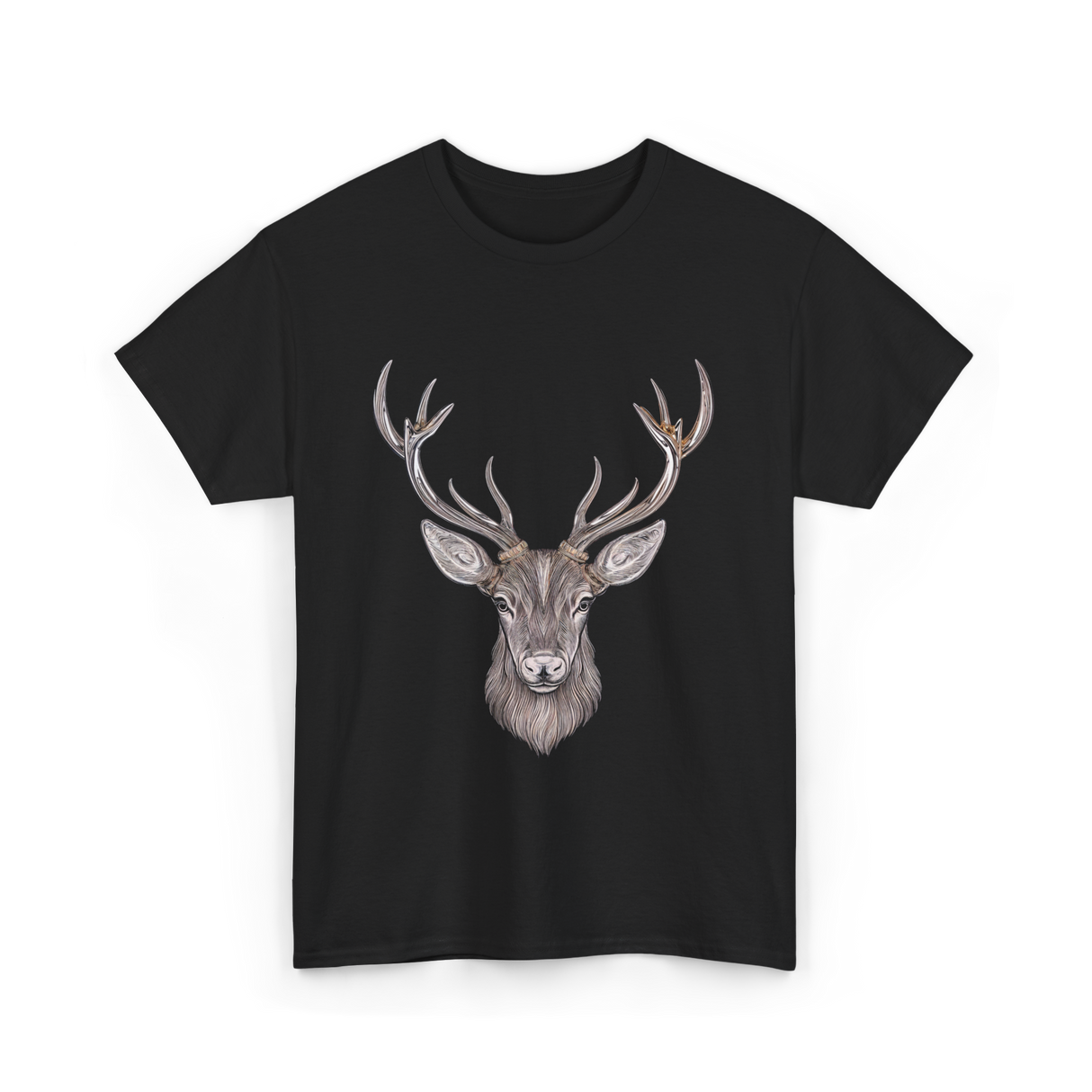 Hand Drawn Buck Antlers Deer T-Shirt - Black