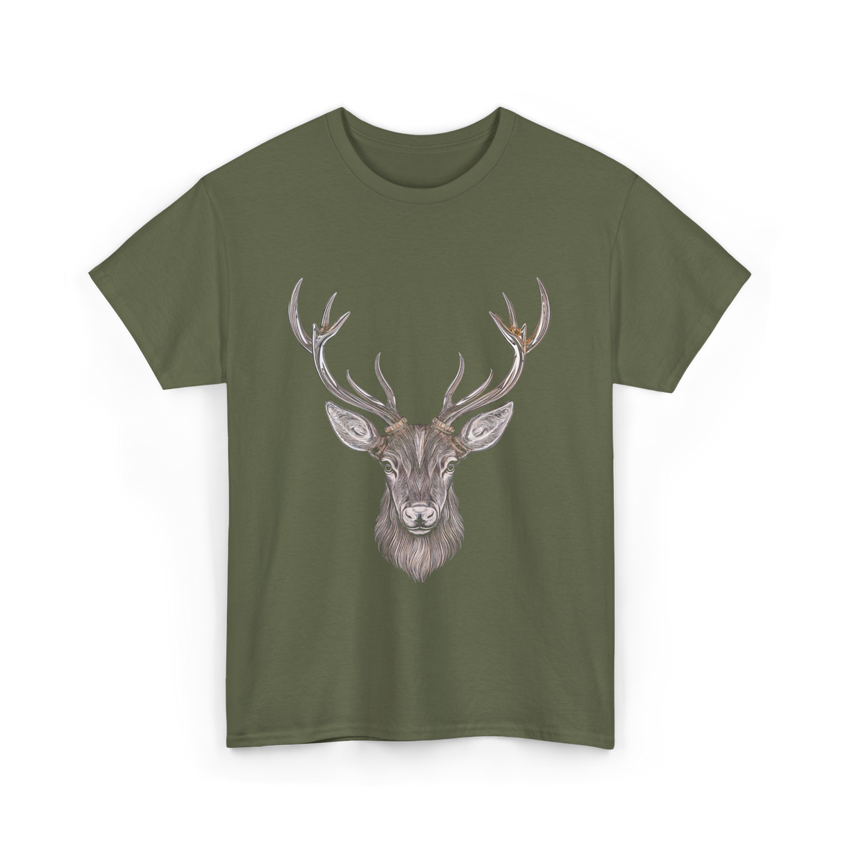 Hand Drawn Buck Antlers Deer T-Shirt - Military Green