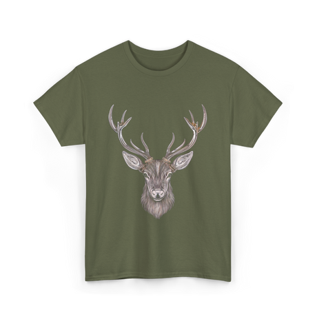 Hand Drawn Buck Antlers Deer T-Shirt - Military Green