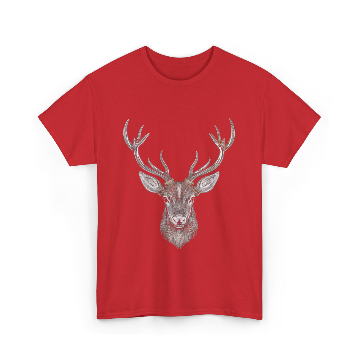 Hand Drawn Buck Antlers Deer T-Shirt - Red