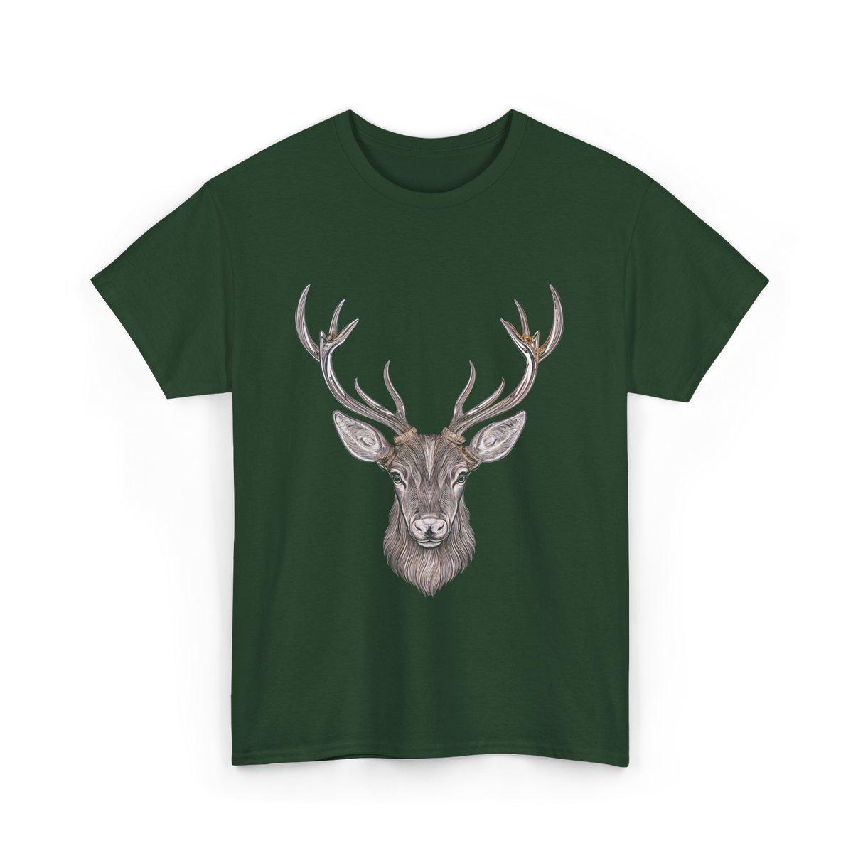 Hand Drawn Buck Antlers Deer T-Shirt - Forest Green