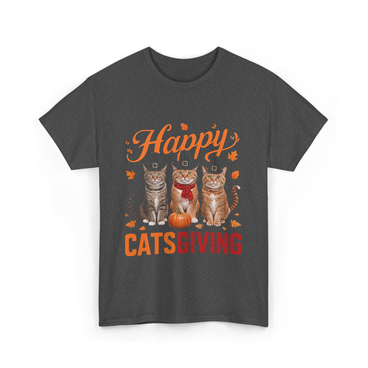 Happy Catsgiving Thanksgiving Cats T-Shirt - Dark Heather