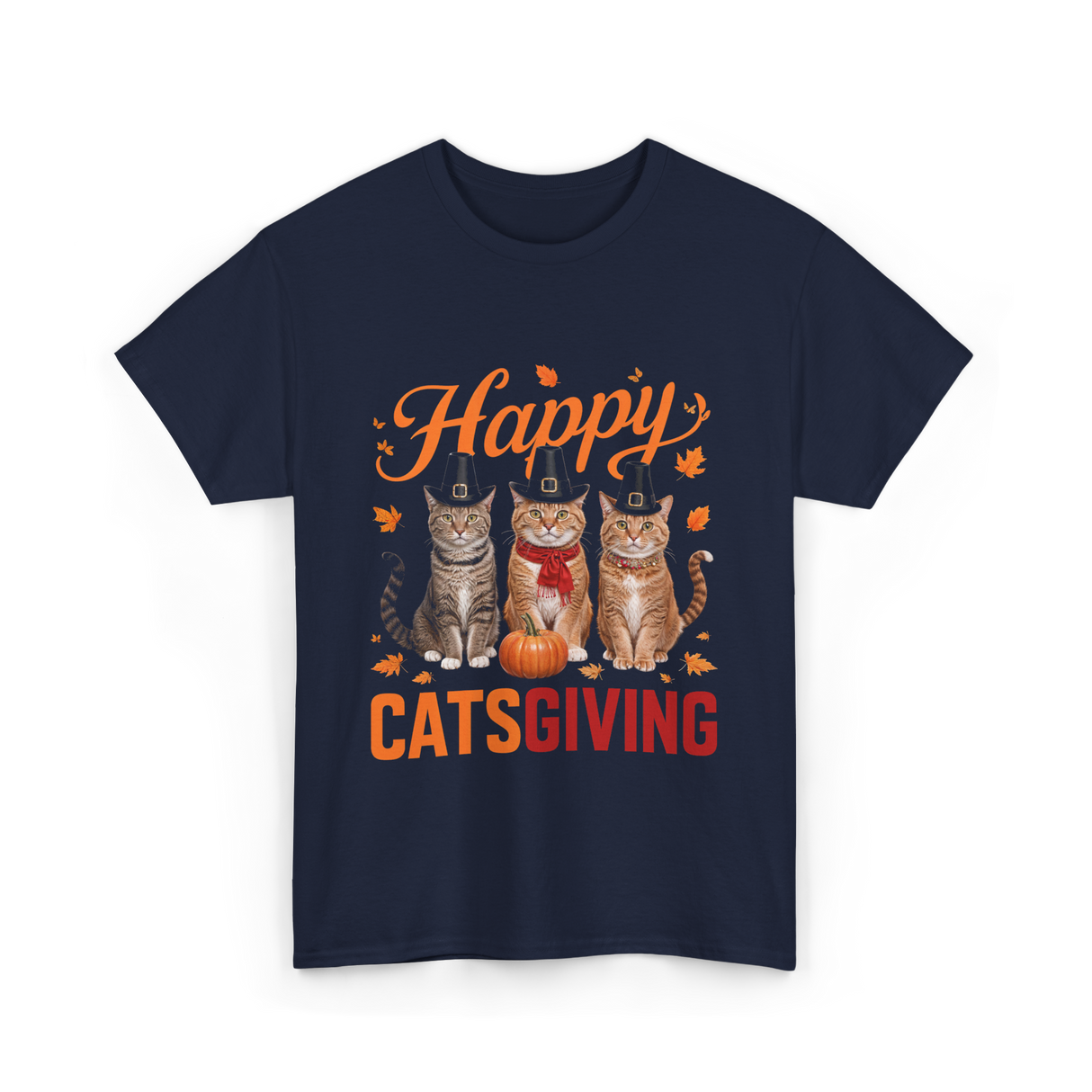 Happy Catsgiving Thanksgiving Cats T-Shirt - Navy